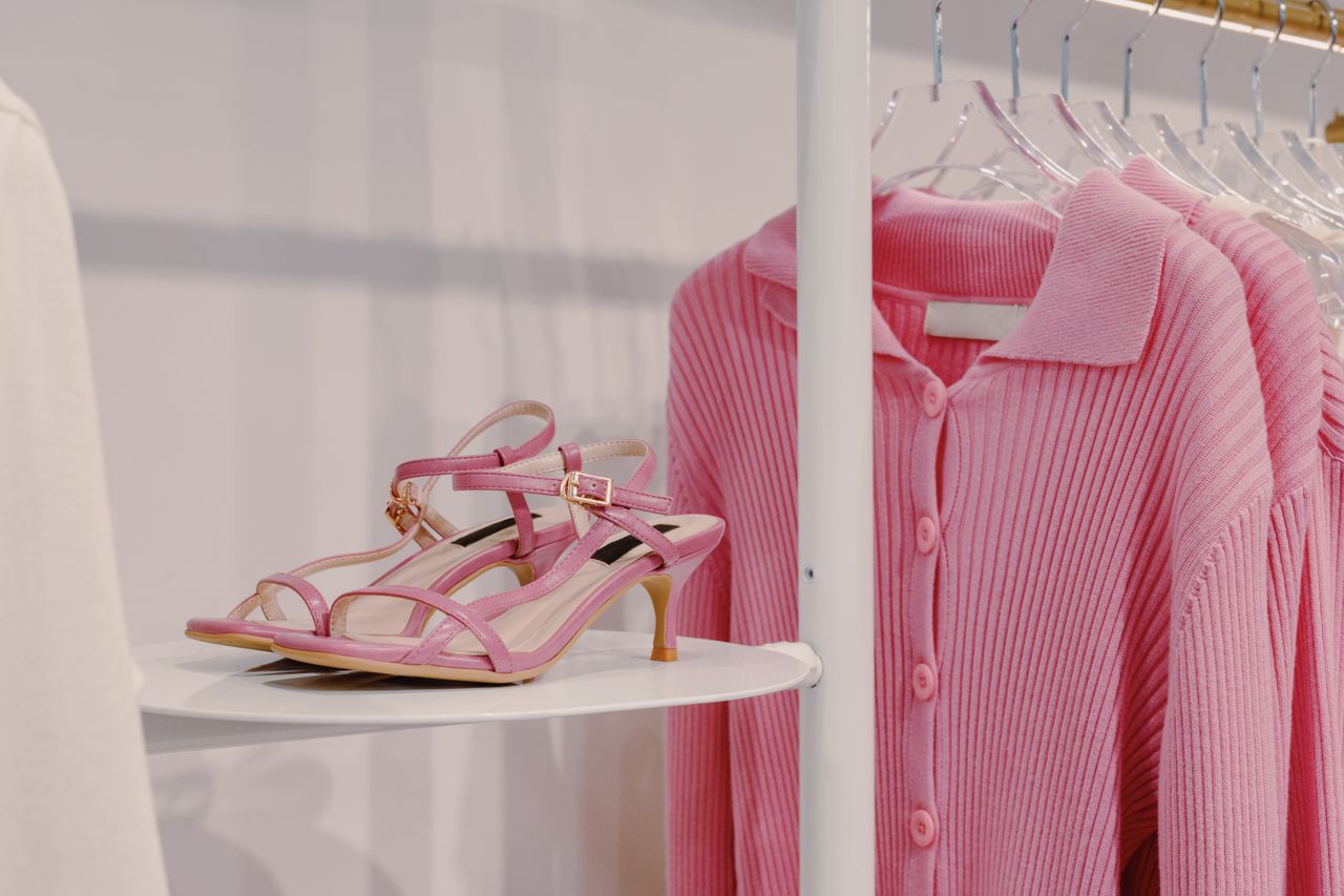 The Art of Drawing Readers In: Your attractive post title goes here Elegant pink sandals and a knit sweater displayed on a shelf in a fashion boutique.